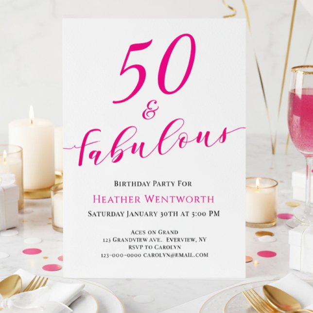 50 and Fabulous Fiftieth Birthday Hot Pink Script Invitation (Creator Uploaded)