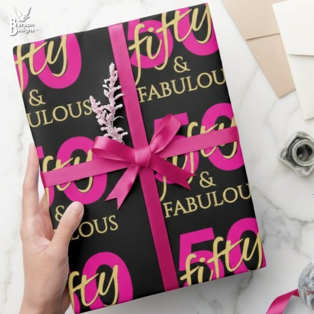 50 and Fabulous Fiftieth Birthday Wrapping Paper (50 and Fabulous pink, black, gold giftwrap for fiftieth birthday party. Matching 50th supplies.)