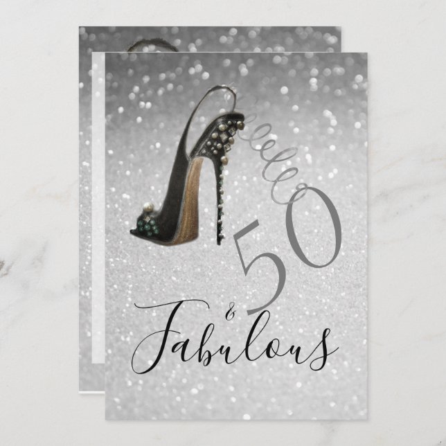 50 and Fabulous Fiftieth Elegant Glitter Silver Invitation (Front/Back)