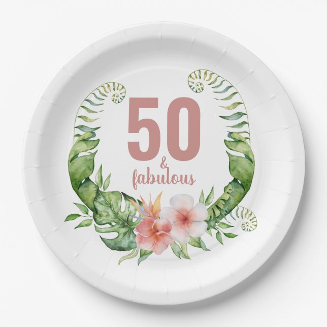 50 and fabulous floral blush pink script birthday paper plate (Front)
