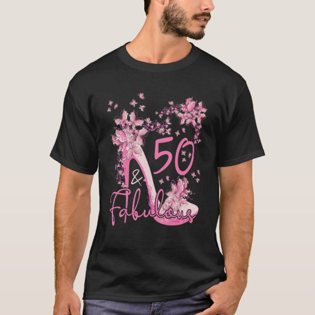 50 And Fabulous Floral Butterflies High Heels 50th T-Shirt (Front)