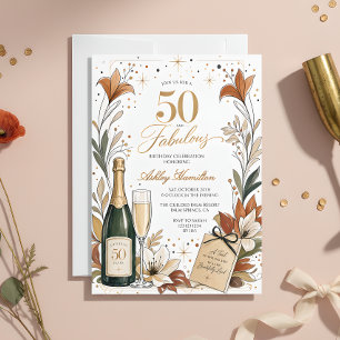 50 and Fabulous Floral Champagne 50th Birthday Invitation