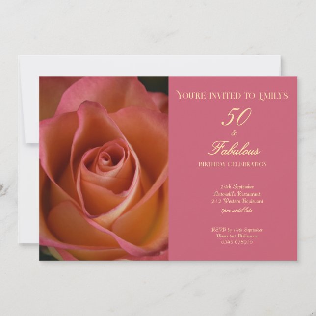 50 and Fabulous Floral Pink Rose Birthday Invitation (Front)