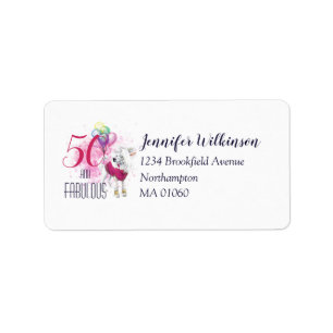 50 and Fabulous Fluffy Dog and Pink Balloons Party Label
