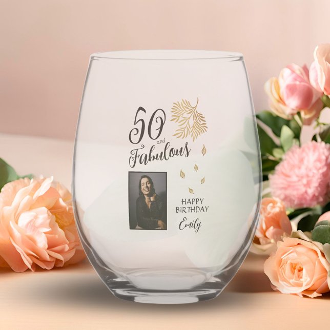 50 and Fabulous Foliage 50th Birthday Photo Stemless Wine Glass (Creator Uploaded)