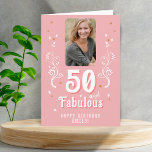 50 and Fabulous Foliage Pink Photo 50th Birthday Card<br><div class="desc">50 and Fabulous Foliage Pink Photo 50th Birthday Card. 50 and fabulous text in trendy white script with a name and white foliage on a pink background. Personalise it with your photo,  your name and the age. Add your text inside the card or erase it.</div>