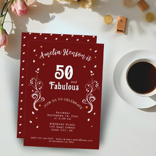 50 and Fabulous Foliage Red 50th Birthday Invitation