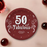 50 and Fabulous Foliage Red 50th Birthday  Paper Plate<br><div class="desc">50 and Fabulous Foliage Red 50th Birthday  Paper Plates. Personalised 50th birthday party plates. 50 and fabulous text in trendy white script with a name and white foliage on a dark red background. Personalise it with your name and age.</div>