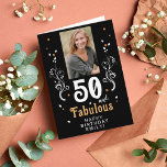 50 and Fabulous Foliage Red 50th Birthday Photo Card<br><div class="desc">50 and Fabulous Foliage Red 50th Birthday Photo Card. 50 and fabulous text in trendy white script with a name and white foliage on a black background. Personalise it with your photo, your name and the age. Add your text inside the card or erase it. It`s a great sign and...</div>