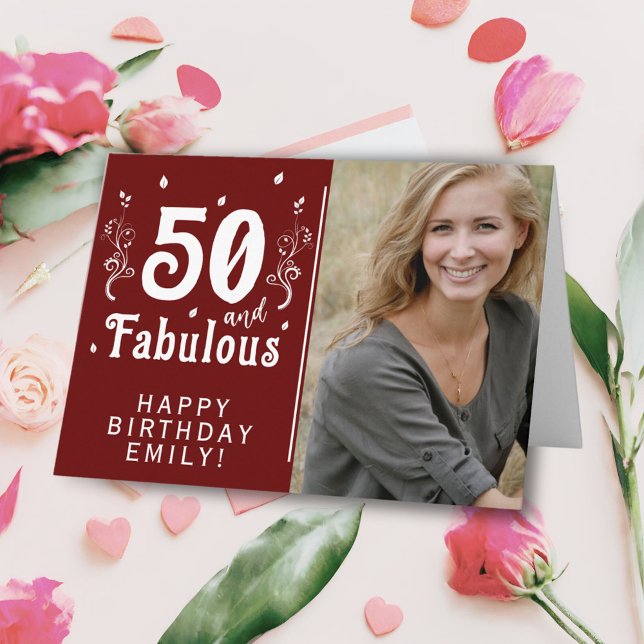 50 and Fabulous Foliage Red 50th Birthday Photo  Card (Creator Uploaded)