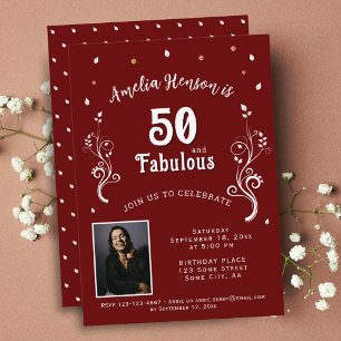 50 and Fabulous Foliage Red 50th Birthday Photo Invitation