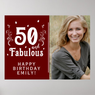 50 and Fabulous Foliage Red 50th Birthday Photo Poster