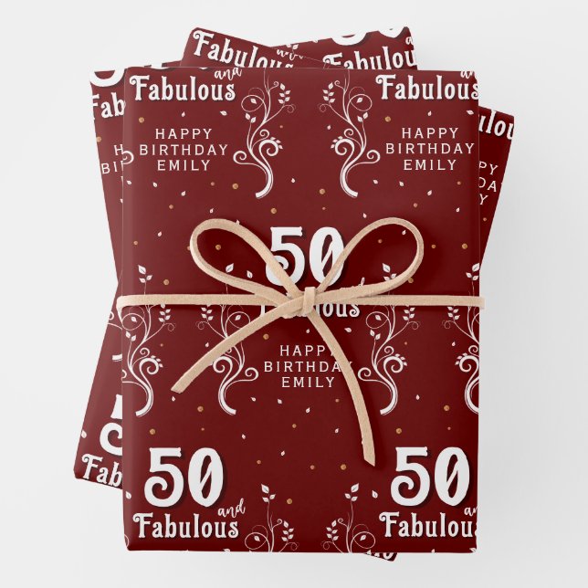 50 and Fabulous Foliage Red 50th Birthday  Wrapping Paper Sheet (In situ)
