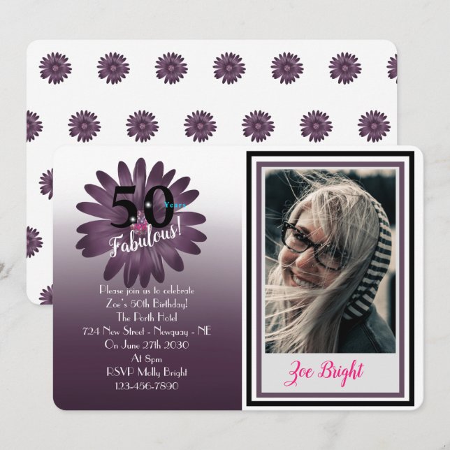 50 and Fabulous, fun purple daisy with glitter Invitation (Front/Back)