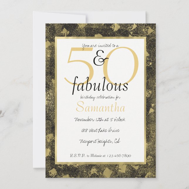 50 and Fabulous Glam Gold Black Party Invite (Front)