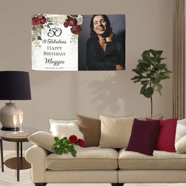 50 and Fabulous Glam Rose Floral Birthday Party Banner (Creator Uploaded)