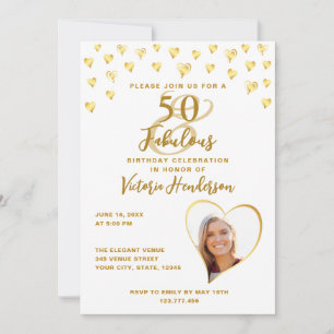 50 and Fabulous Glam White and Gold Photo Birthday Invitation