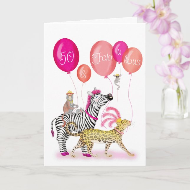 50 and Fabulous glamorous animals birthday card (Orchid)