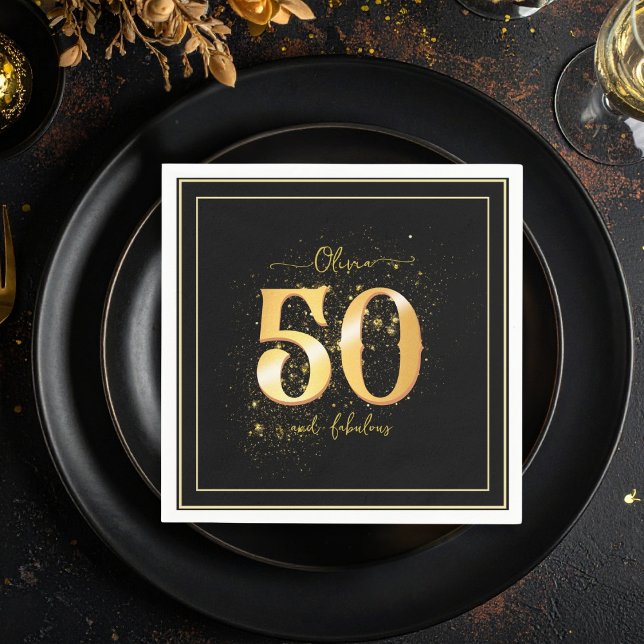 50 and Fabulous Glitter Elegant Gold Black Napkin (Creator Uploaded)