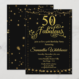 50 and Fabulous Glitter Gold Black Birthday Party Invitation