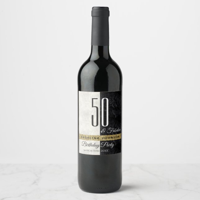 50 and Fabulous Glitter Gold Black & White Wine Label (Front)