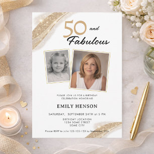 50 and Fabulous Gold 2 Photo 50th Birthday Invitation