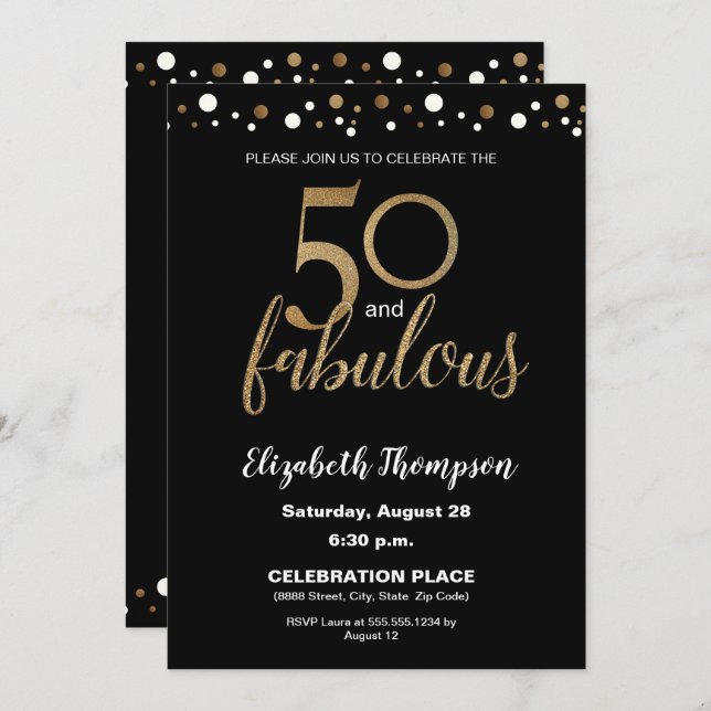 50 and fabulous Gold and Black Confetti Birthday Invitation (Front/Back)