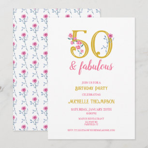 50 and Fabulous Gold and Pink Floral Classic Invitation