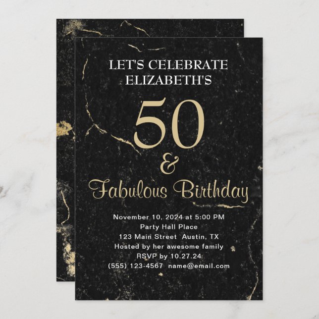 50 and Fabulous Gold Black Marble Invitation (Front/Back)