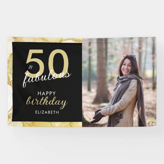 50 And Fabulous Gold Black Photo Birthday Banner (Horizontal)