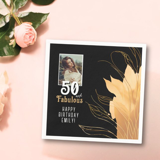 50 and Fabulous Gold Foliage 50th Birthday Photo Napkin (Creator Uploaded)