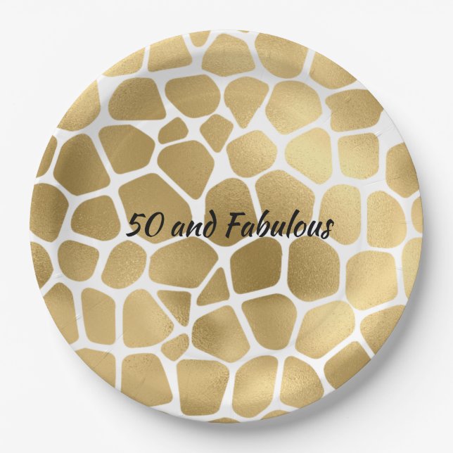 50 and Fabulous Gold Giraffe Print Abstract Paper Plate (Front)