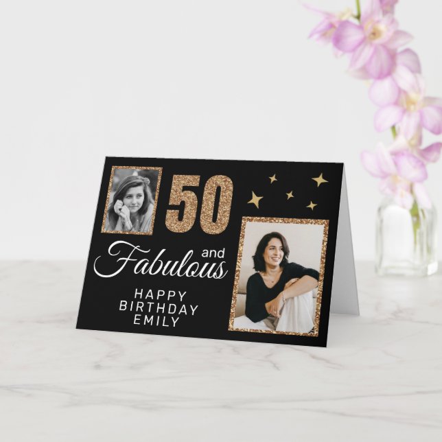 50 and Fabulous Gold Glitter 2 Photo 50th Birthday Card (Orchid)