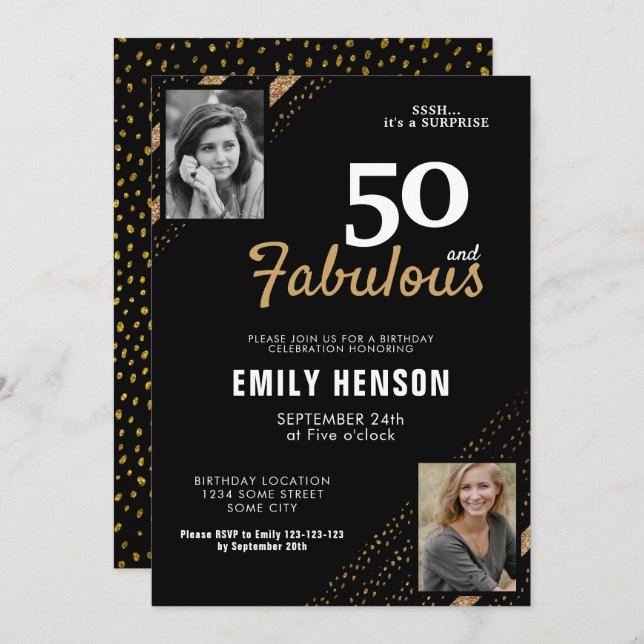 50 and Fabulous Gold Glitter 2 Photo 50th Birthday Invitation (Front/Back)