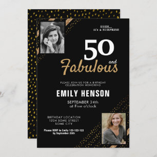 50 and Fabulous Gold Glitter 2 Photo 50th Birthday Invitation