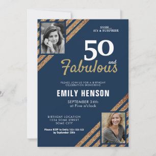 50 and Fabulous Gold Glitter 2 Photo 50th Birthday Invitation