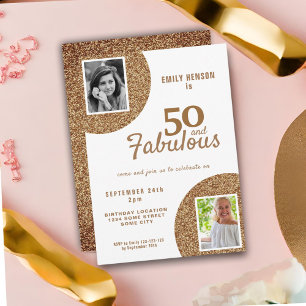 50 and Fabulous Gold Glitter 2 Photo 50th Birthday Invitation