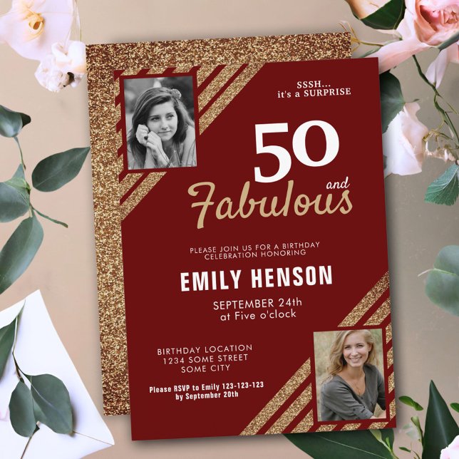 50 and Fabulous Gold Glitter 2 Photo 50th Birthday Invitation (Creator Uploaded)