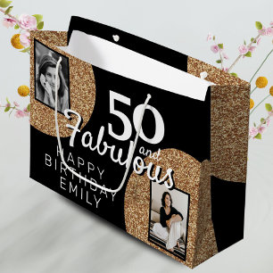 50 and Fabulous Gold Glitter 2 Photo 50th Birthday Large Gift Bag