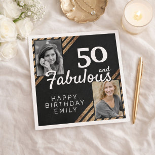 50 and Fabulous Gold Glitter 2 Photo 50th Birthday Napkin