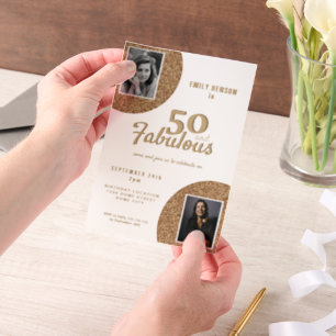 50 and Fabulous Gold Glitter 2 Photo 50th Birthday Vellum Invitations