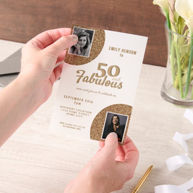 50 and Fabulous Gold Glitter 2 Photo 50th Birthday Vellum Invitations (Handheld)