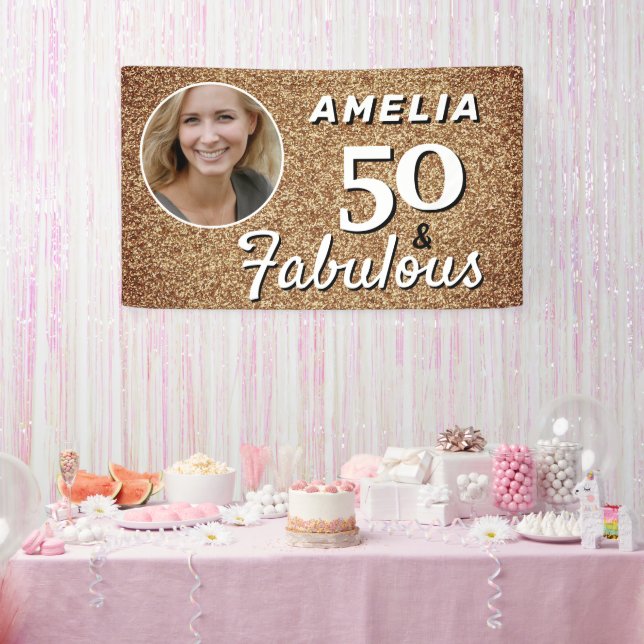 50 and Fabulous Gold Glitter 50th Birthday Photo Banner (Party)