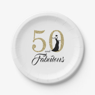 50 and Fabulous Gold Glitter Birthday Party Paper Plate