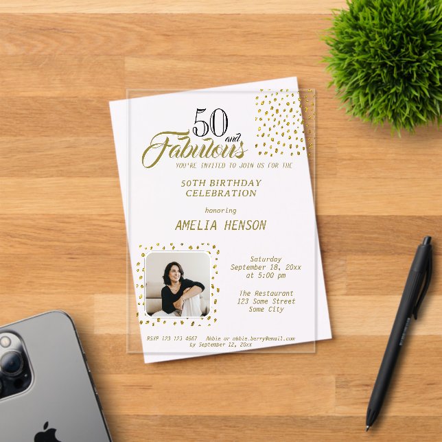 50 and Fabulous Gold Glitter Photo 50th Birthday Acrylic Invitations (Insitu (Invitation Card))