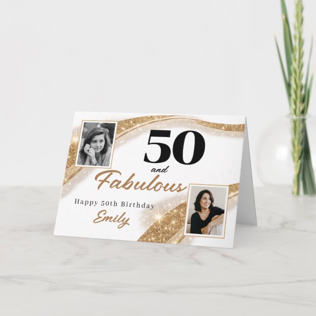 50 and Fabulous Gold Glitter Photo 50th Birthday Card (Front)