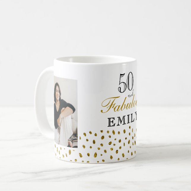 50 and Fabulous Gold Glitter Photo 50th Birthday Coffee Mug (Front Left)