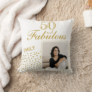 50 and Fabulous Gold Glitter Photo 50th Birthday Cushion