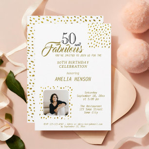 50 and Fabulous Gold Glitter Photo 50th Birthday Invitation