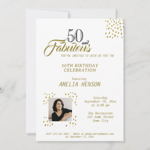 50 and Fabulous Gold Glitter Photo 50th Birthday Invitation